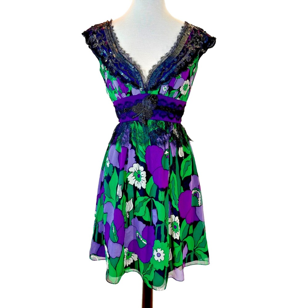 Nanette Lepore Floral Silk Chiffon w/Black Lace & Beading Cocktail Dress Sz 2